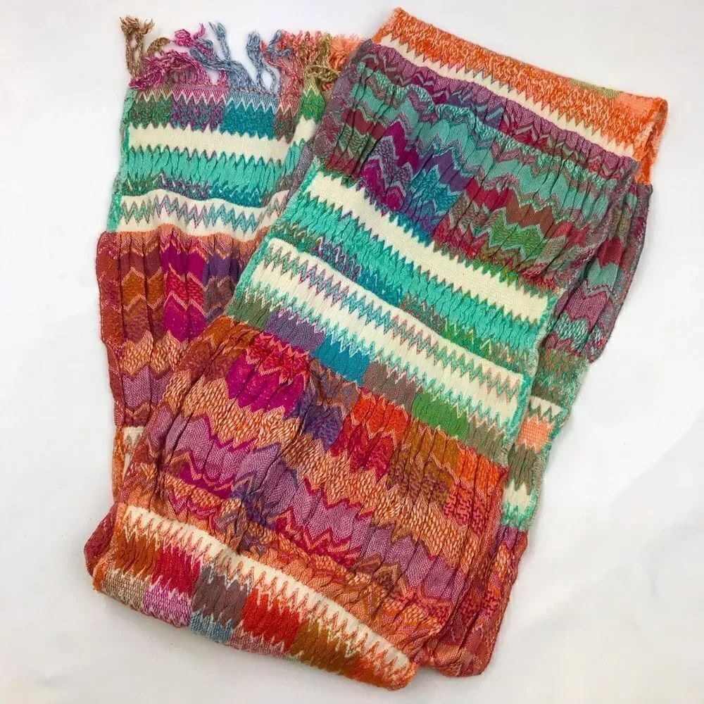 Tolani Multicolored Stripe ZigZag Pattern Ruched Fringe Scarf